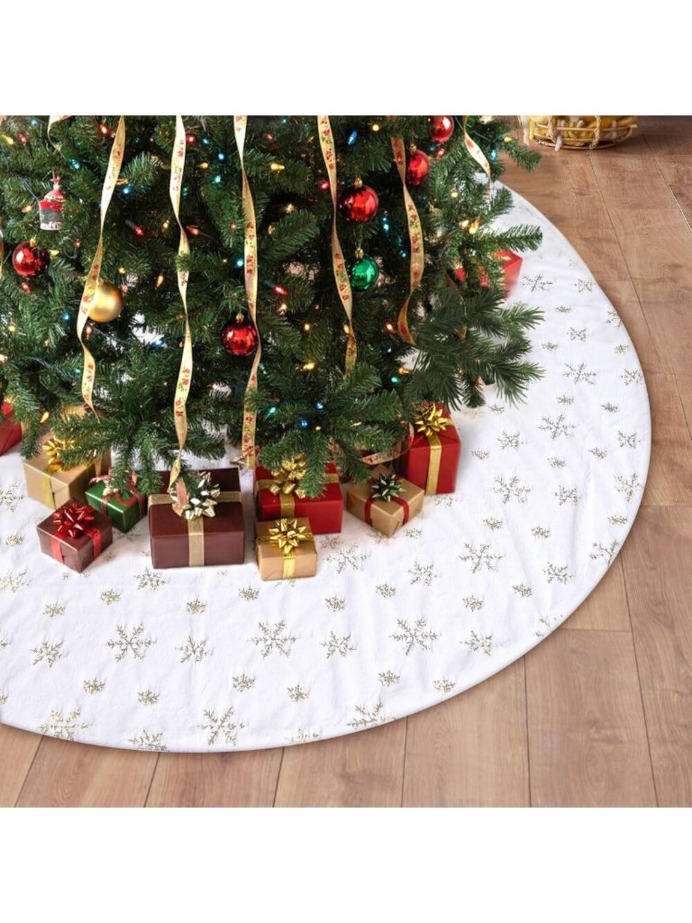72-Inch White Plush Christmas Tree Skirt with Gold Sequin Snowflakes for Holiday